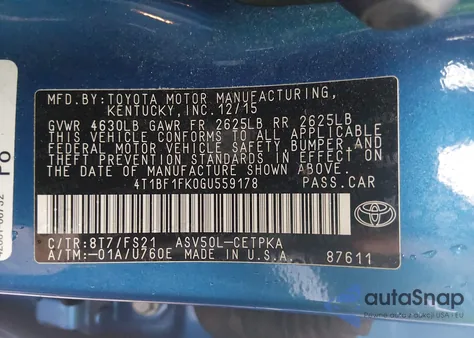 2016 Toyota Camry Se from USA, damaged, VIN 4T1BF1FK0GU559178